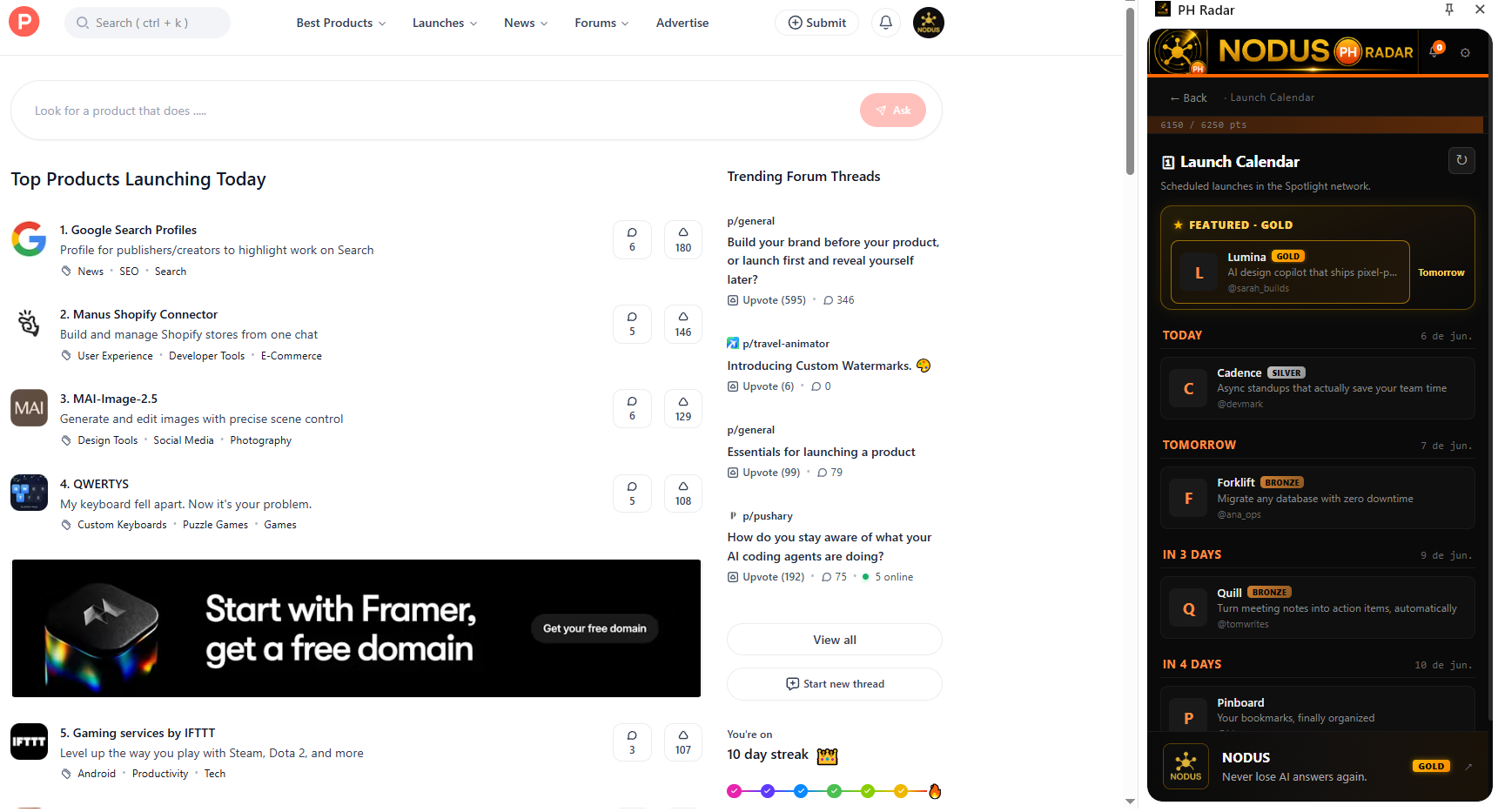 PH Radar Launch Calendar showing upcoming Product Hunt launches and featured Spotlight slots