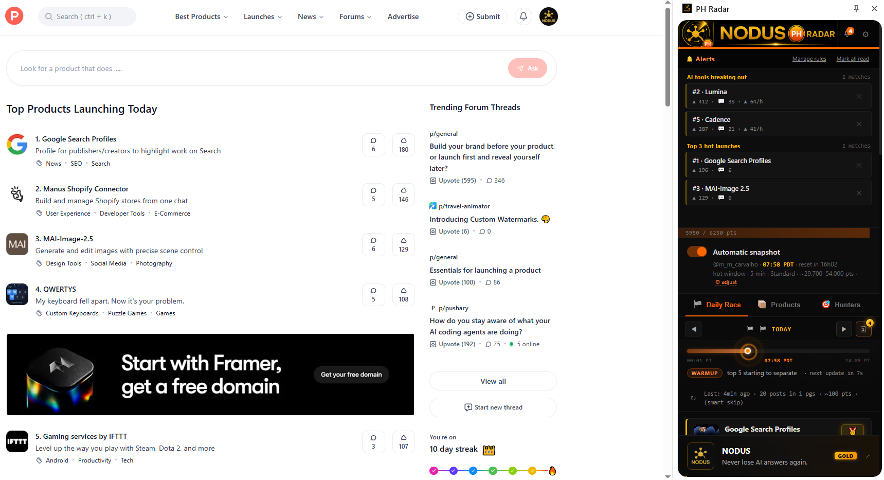 PH Radar live leaderboard of today's Product Hunt launches ranked in real time
