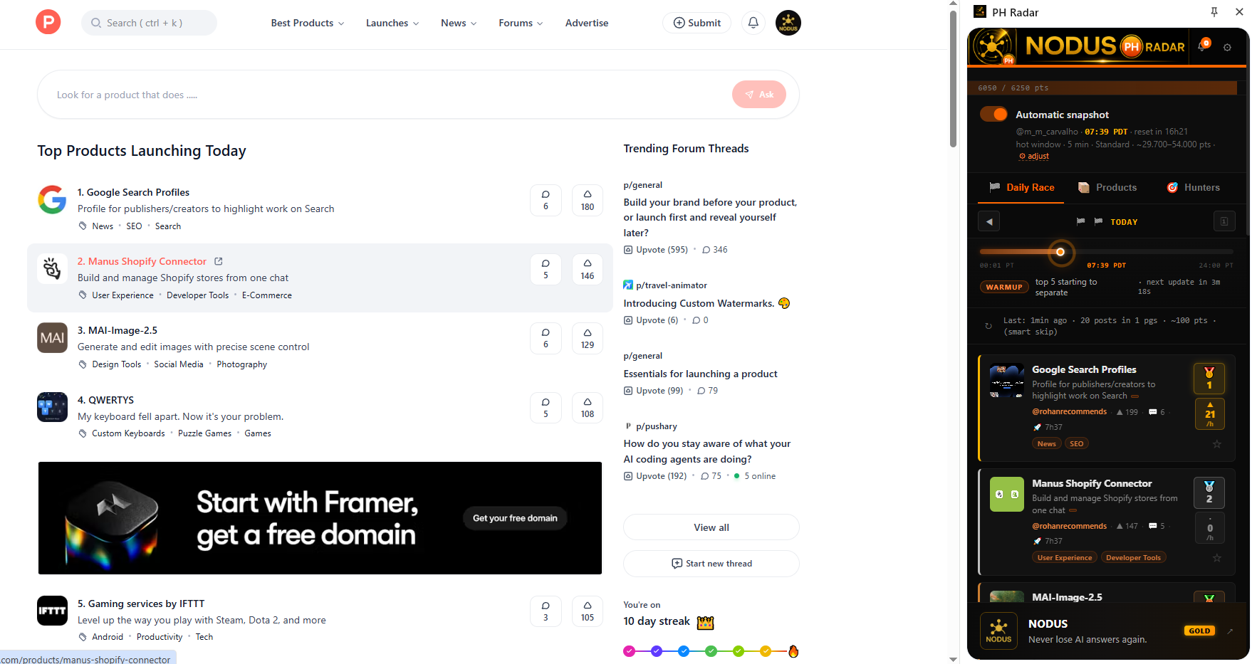 PH Radar Chrome side panel showing today's Product Hunt race ranked live with vote velocity and breakout alerts