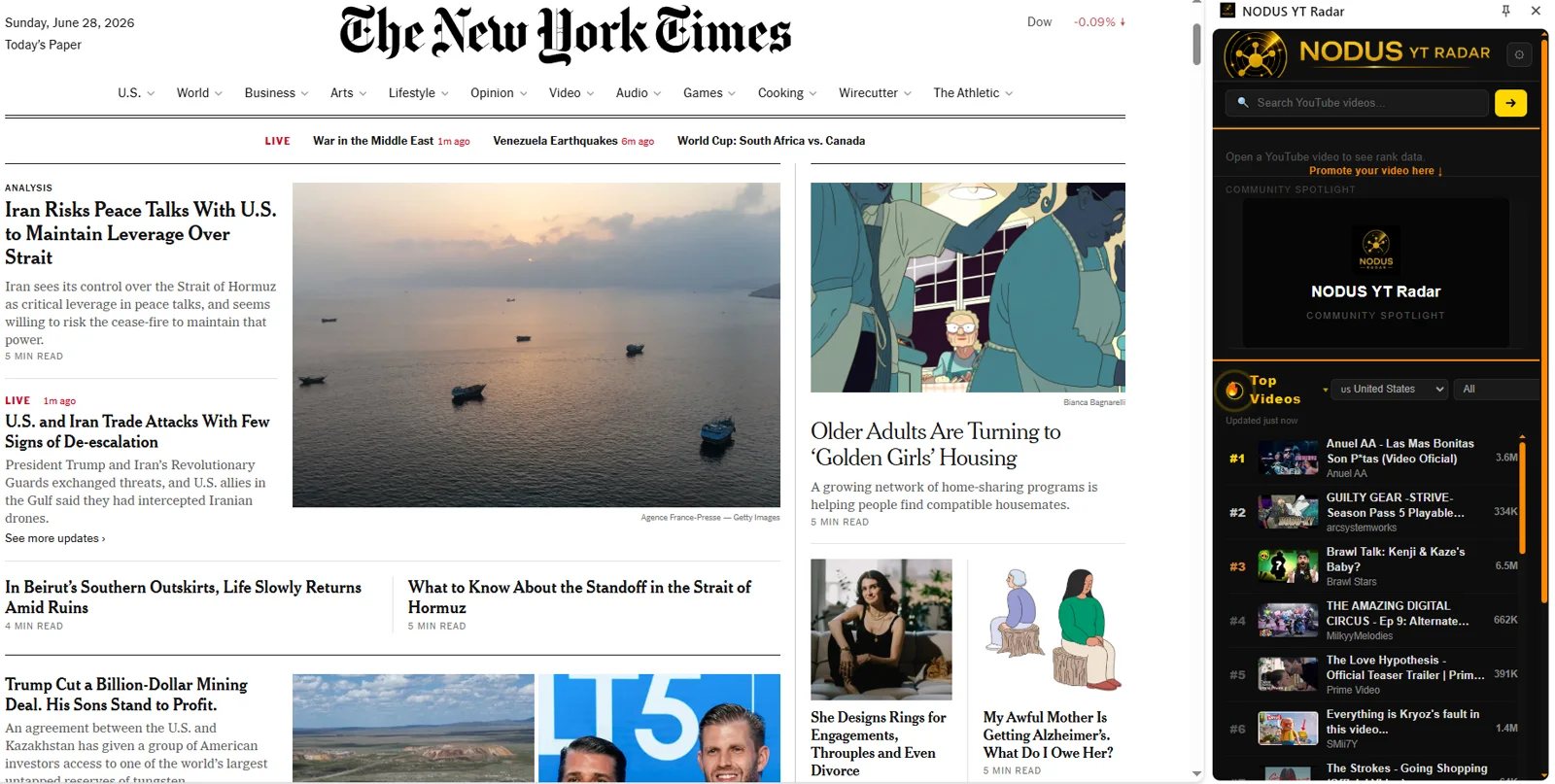 NODUS YT Radar side panel open next to a news site, showing the live Top videos ranking