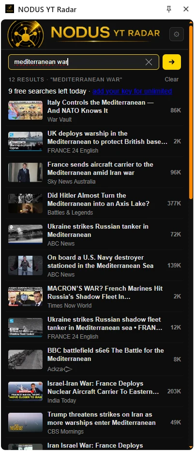 Searching YouTube videos inside the NODUS YT Radar side panel